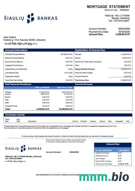 Litwa AB Šiaulių bankas wyciąg z kredytu hipotecznego szablon Word i PDF
